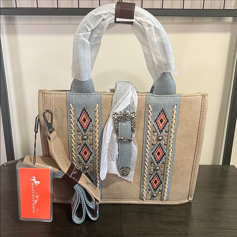 Montana West Beige and Blue Embroidered Satchel